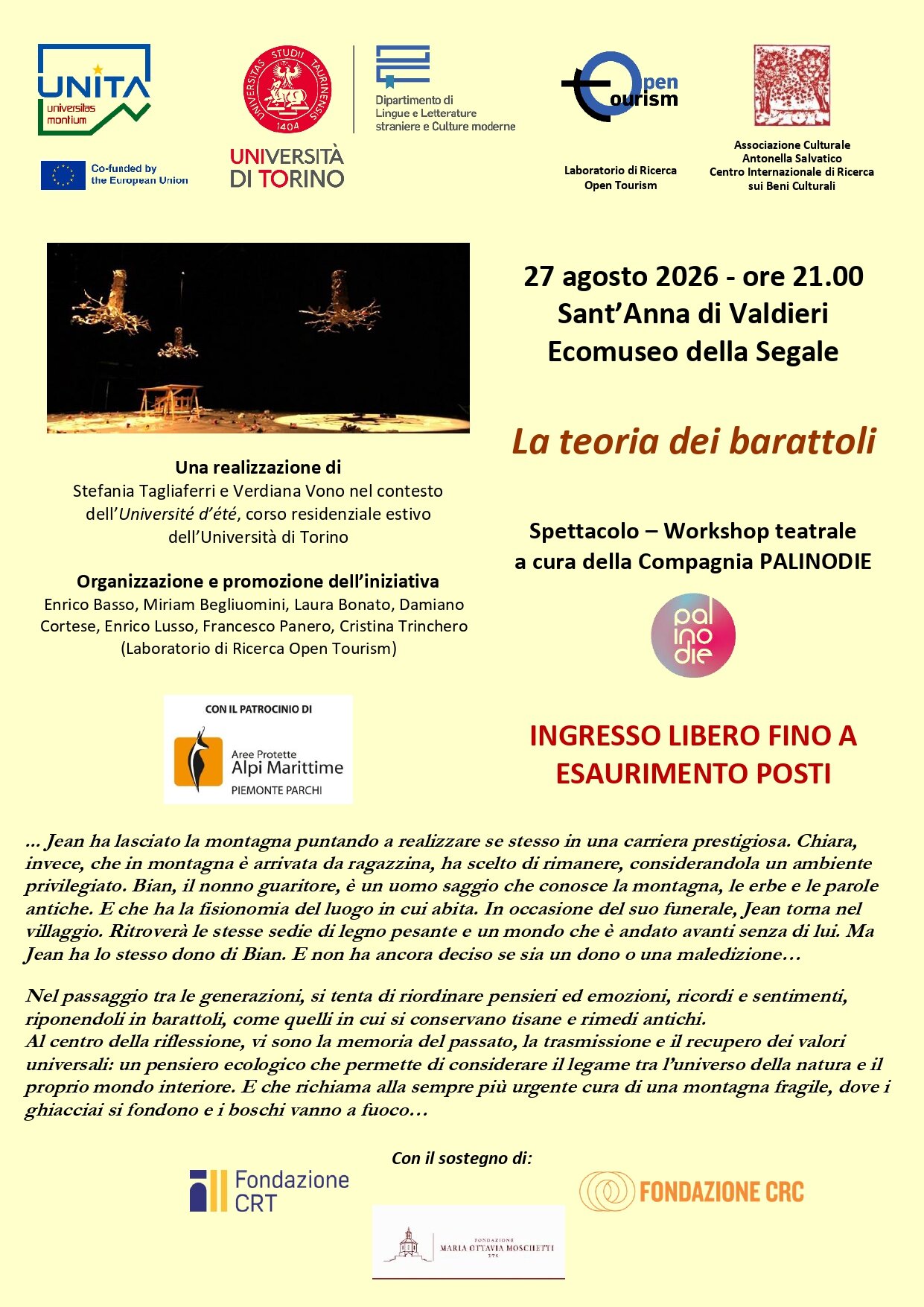 Spettacolo-evento "La teoria dei barattoli", Sant'Anna di Valdieri (CN), 27 agosto 2026, ore 21 Spettacolo-evento "La teoria dei barattoli", Sant'Anna di Valdieri (CN), 27 agosto 2026, ore 21