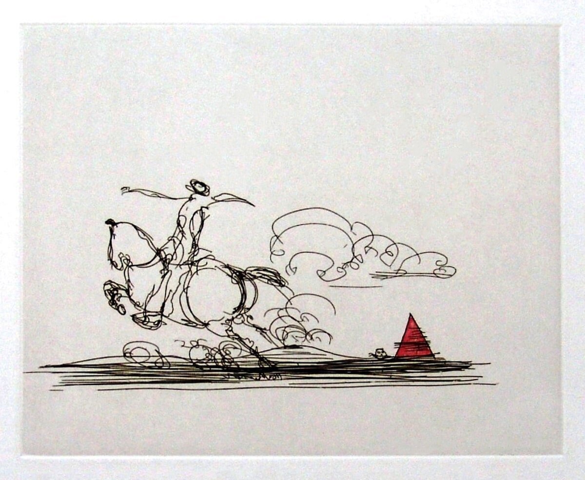 al-galoppo-verso-ridracoli-ghermandi-min.jpeg L’acquaforte di Ghermandi nata dopo aver ricevuto l’incarico della fontana (che compare in basso a destra). Titolo meraviglioso: “Al galoppo verso Ridracoli” (1989).
