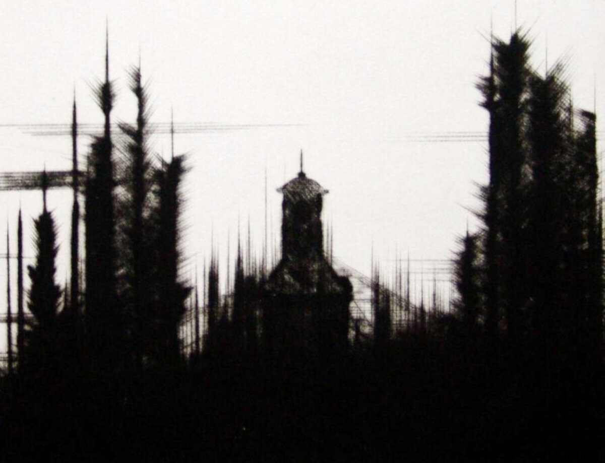 Omaggio a Crevalcore di Quinto Ghermandi, incisione a punta secca, 1983.