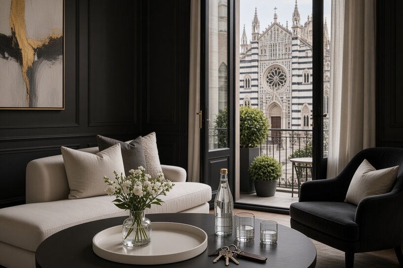 Rendering digitale di appartamento con vista del duomo di Monza con i dettagli tipici dei servizi messi a disposizione degli ospiti di IC& Group