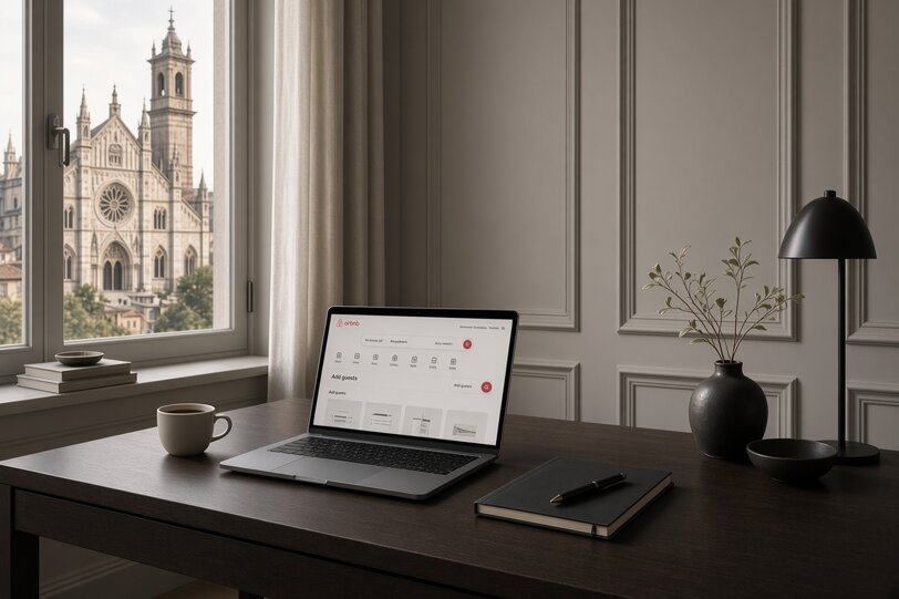 Immagine generata digitalmente che rappresenta la gestione di un annuncio Airbnb al computer dall'interno di un appartamento con vista duomo di Monza
