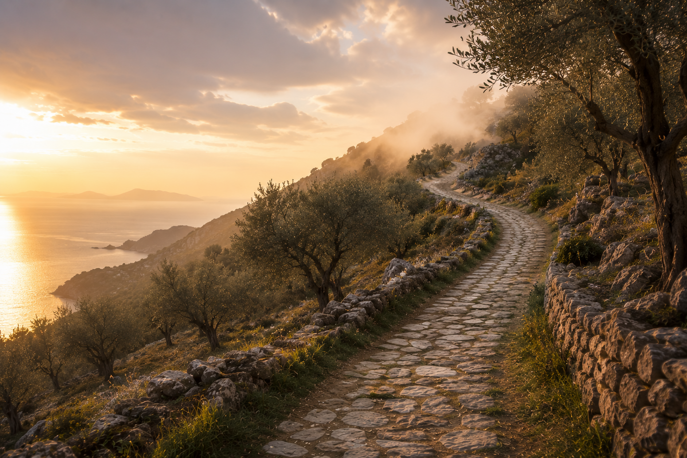 Sentiero in pietra tra gli ulivi al tramonto, simbolo del cammino personale e della ricerca di senso.