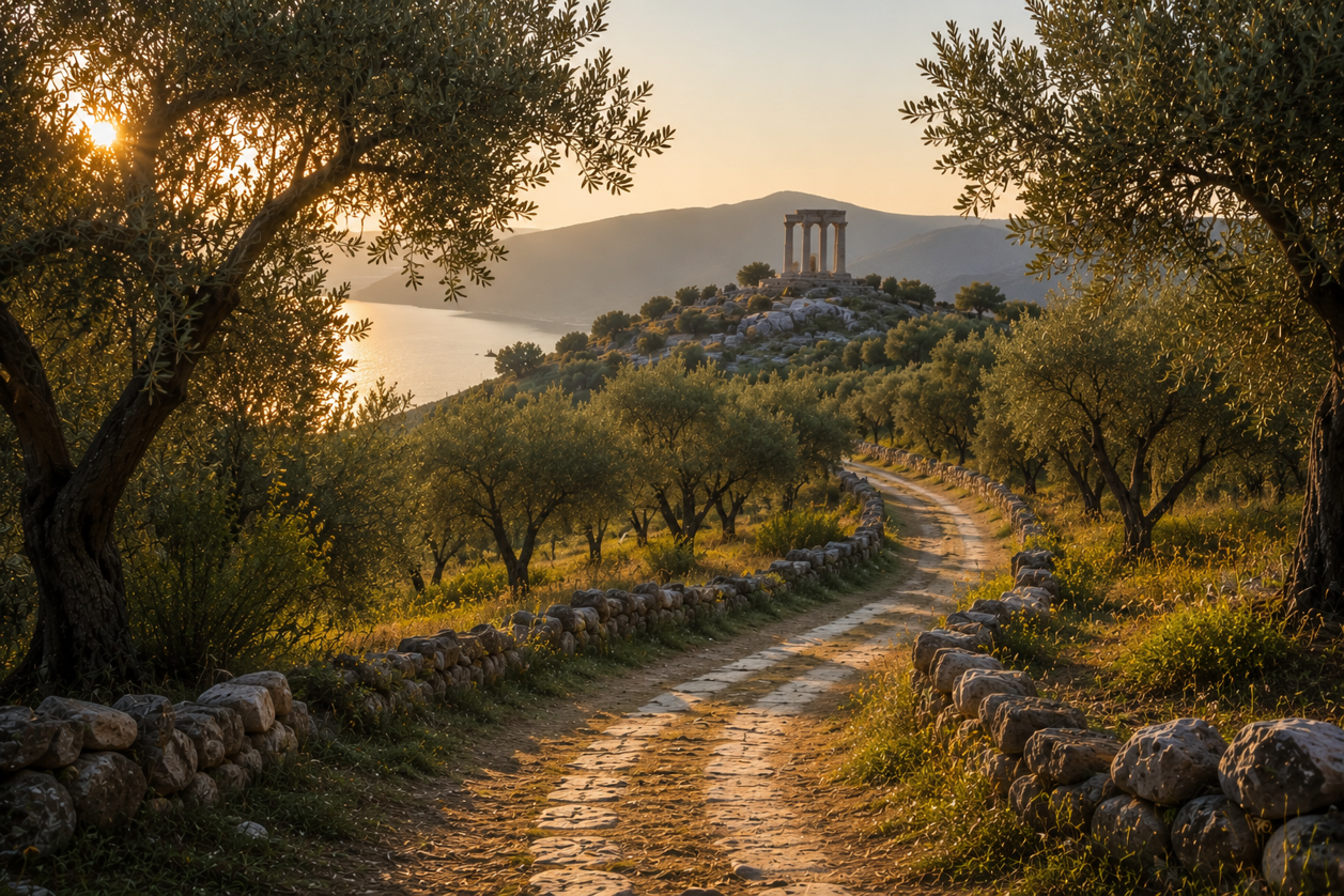 Sentiero simbolico verso il tempio, immagine del cammino interiore e della ricerca di senso