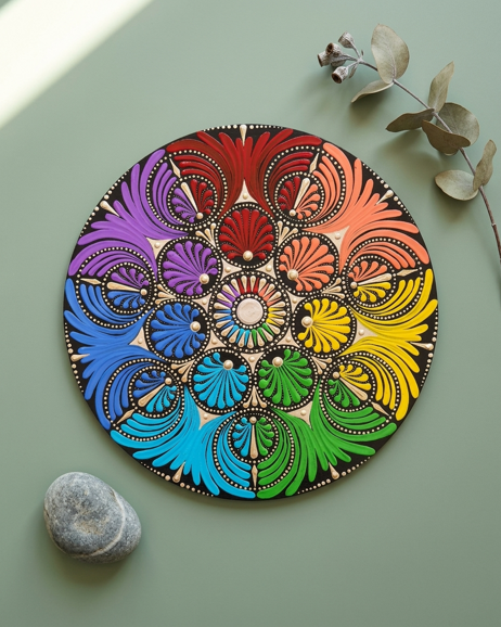 mandala circolare con i colori dei sette chakra, con una composizione molto vivace e simmetrica, fotografato su fondo verde salvia.