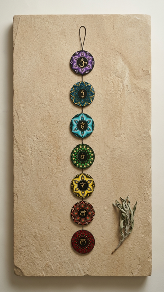 composizione verticale con i sette chakra rappresentati su piccoli dischi decorativi, montati su una tavola materica. composizione verticale con i sette chakra rappresentati su piccoli dischi decorativi, montati su una tavola materica.