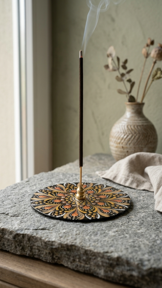 Porta incenso decorato a mano con la tecnica dot art, con motivo mandala nei toni del nero, oro e terracotta, con un bastoncino di incenso acceso. Porta incenso decorato a mano con la tecnica dot art, con motivo mandala nei toni del nero, oro e terracotta, con un bastoncino di incenso acceso.