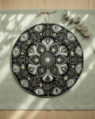 Mandala circolare dipinto a mano su fondo nero, con motivi floreali e geometrici nei toni del grigio e bianco con specchietti applicati..