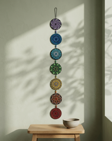 Decorazione da parete composta da sette mandala circolari dipinti a mano, disposti verticalmente e collegati tra loro, nei colori dei sette chakra. Decorazione da parete composta da sette mandala circolari dipinti a mano, disposti verticalmente e collegati tra loro, nei colori dei sette chakra.