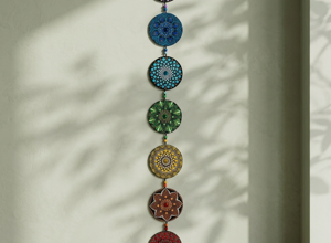 Decorazione da parete con sette mandala dipinti a mano, uno per ogni chakra, nei colori dei sette chakra, Decorazione da parete con sette mandala dipinti a mano, uno per ogni chakra, nei colori dei sette chakra,