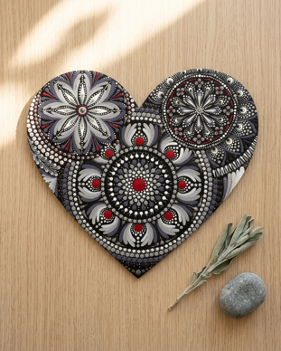 Mandala a forma di cuore dipinto a mano, con motivi floreali e geometrici nei toni del bianco, grigio, nero e rosso.