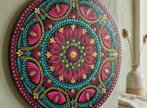 Mandala decorativo multicolore dipinto a mano su legno con la tecnica della dot art