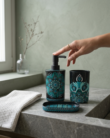 Set di accessori decorativi per il bagno dipinti a mano con la tecnica dot art, composto da dispenser, contenitore e vassoio nei toni del nero e del turchese, ambientato su un piano in pietra.