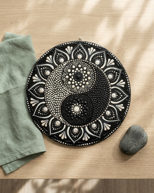 Mandala dipinto a mano con la tecnica della dot art, con simbolo Yin e Yang centrale, nei toni del bianco e nero.