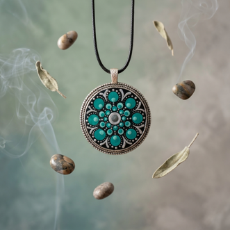pendente circolare con montatura argentata e mandala nei toni del turchese, verde acqua e argento, fotografato in una composizione molto evocativa con pietre, foglie e fumo. pendente circolare con montatura argentata e mandala nei toni del turchese, verde acqua e argento, fotografato in una composizione molto evocativa con pietre, foglie e fumo.