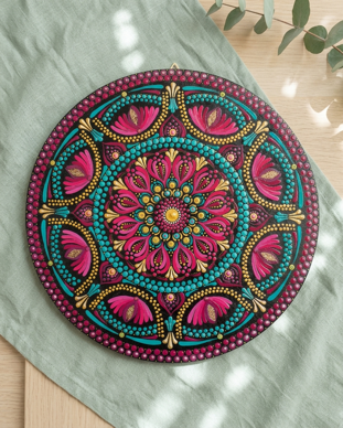 Mandala dipinto a mano con la tecnica della dot art, nei toni del fucsia, turchese e oro, fotografato su un tessuto verde chiaro.