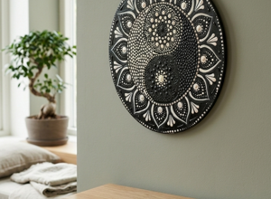 Mandala bianco e nero con motivo Yin e Yang, dipinto a mano su legno con la tecnica della dot art