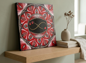 Pannello quadrato in legno decorato a mano con motivi mandala rosso e rosa e simbolo dell'infinito con cuori e un'impronta di zampa di cane.