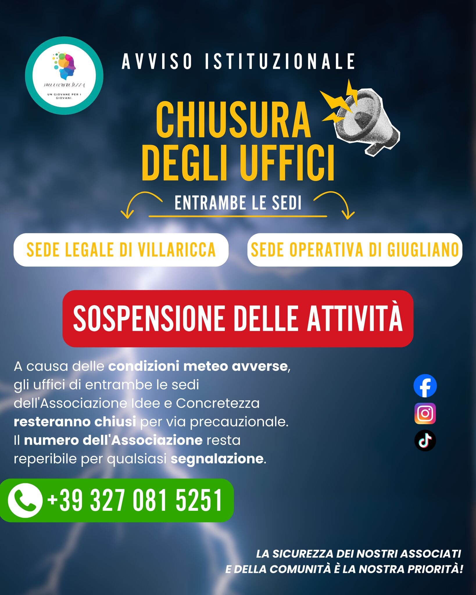 ALLERTA METEO: ATTIVITÀ SOSPESE PER MOTIVI DI SICUREZZA