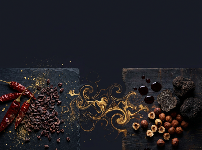 firefly_gemini flash_dark moody background, on one side scattered dried chili peppers and cacao nibs with 848956 (1)