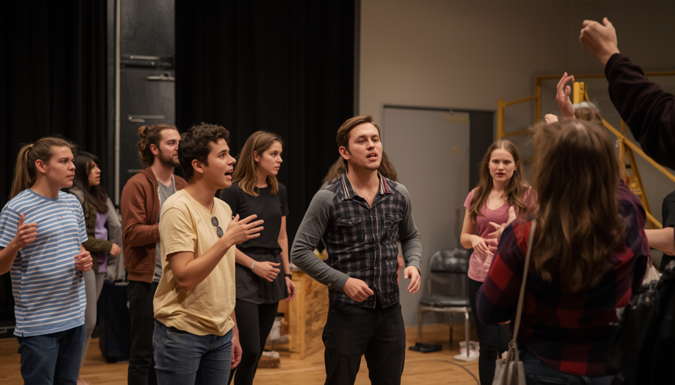corso di teatro per adulti, gruppo di persone adulte che partecipano a una lezione di recitazione, espressioni emotive, movimento scenico, sala prove teatrale, atmosfera professionale e coinvolgente corso di teatro per adulti, gruppo di persone adulte che partecipano a una lezione di recitazione, espressioni emotive, movimento scenico, sala prove teatrale, atmosfera professionale e coinvolgente