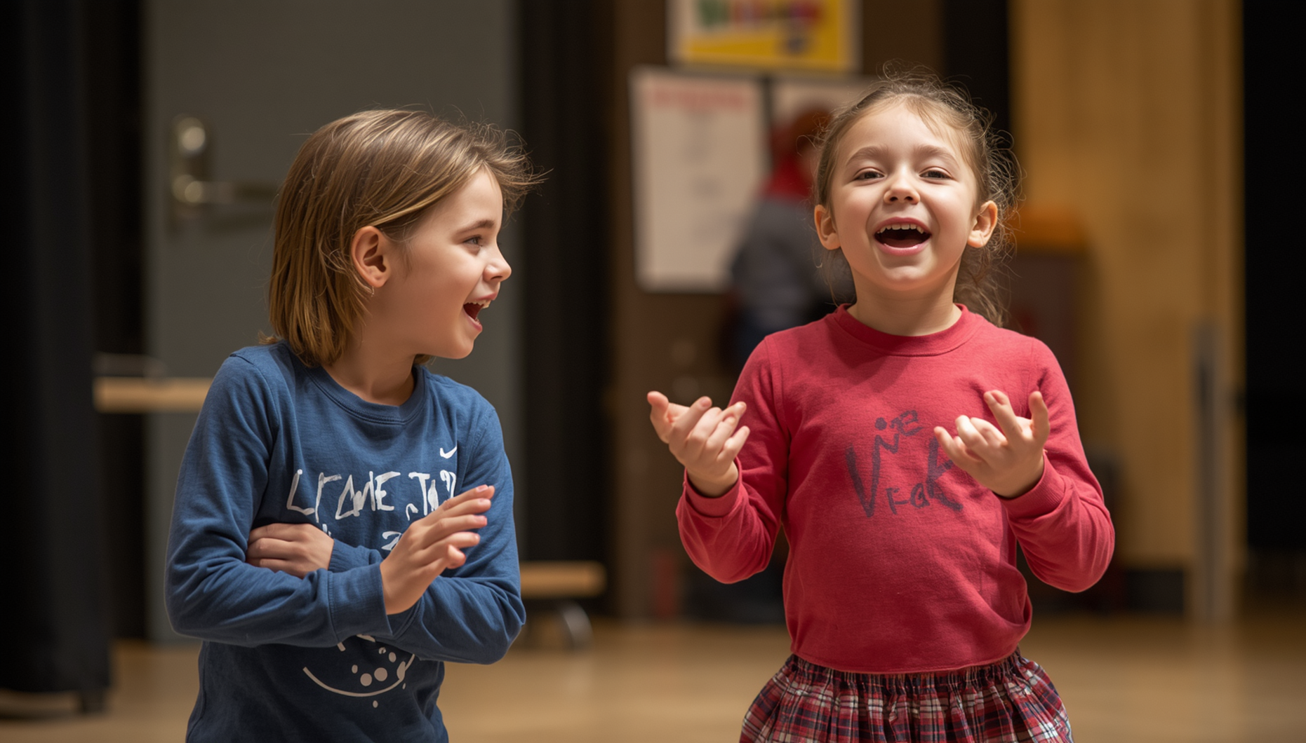 due bambini che imparano teatro, bambini che recitano insieme, espressioni emotive e gioiose, movimento scenico, ambiente di sala prove o palcoscenico, atmosfera educativa e divertente
