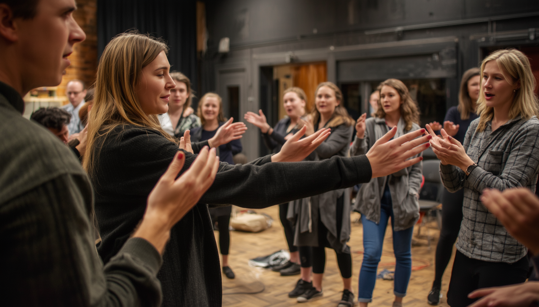 corso di teatro con adulti, gruppo di persone adulte che recitano e si esercitano insieme, espressioni emotive, movimento scenico, ambiente di sala prove teatrale, atmosfera creativa e collaborativa