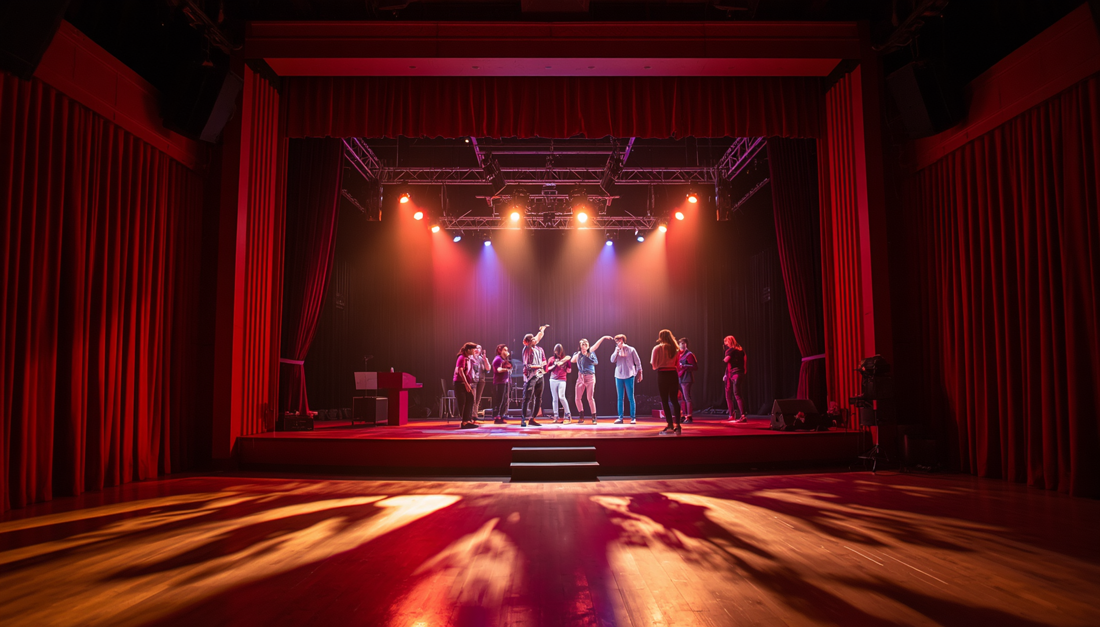immagine per corsi di teatro, scena teatrale con palcoscenico, luci drammatiche, tende rosse, atmosfera artistica e creativa immagine per corsi di teatro, scena teatrale con palcoscenico, luci drammatiche, tende rosse, atmosfera artistica e creativa