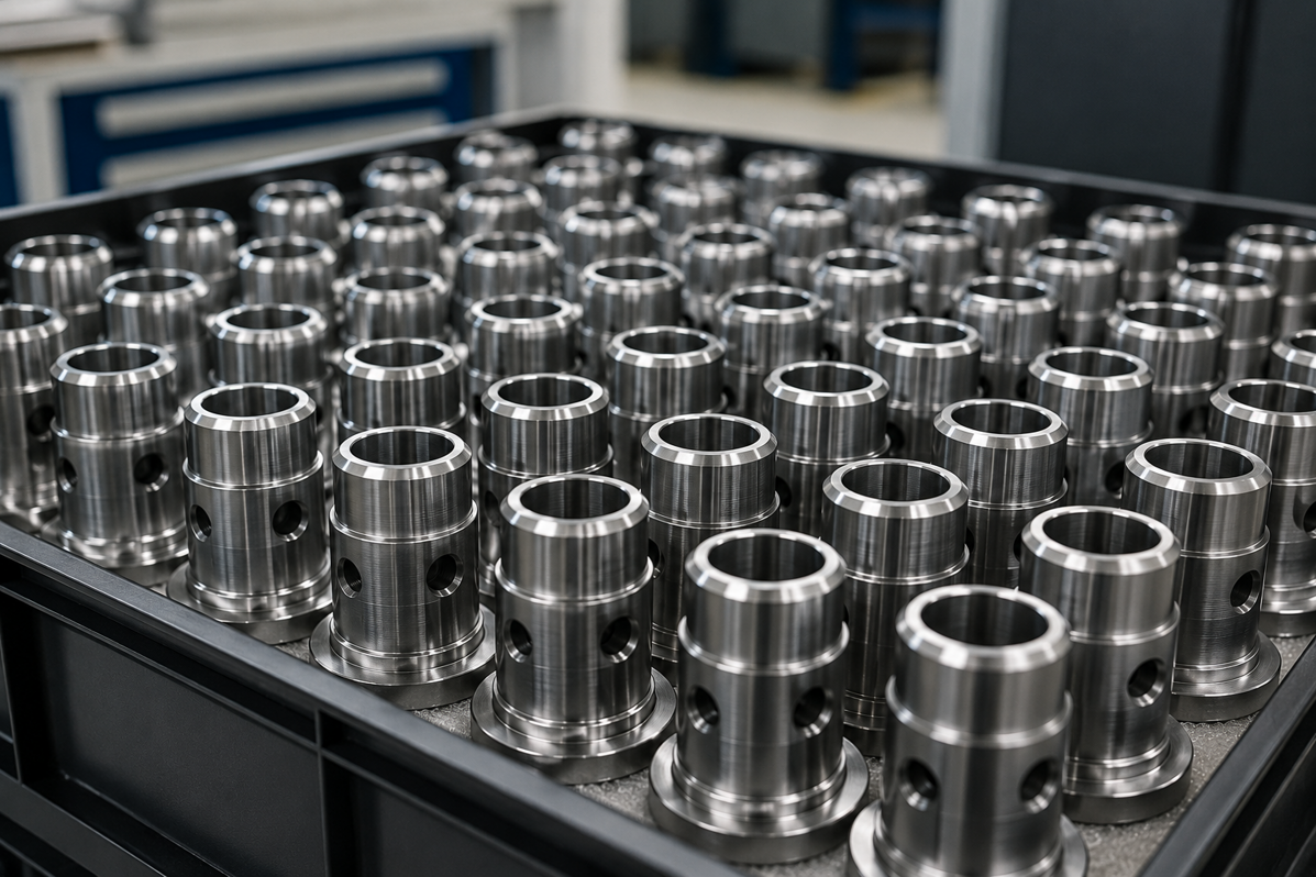 Componenti meccanici CNC pronti per assemblaggio e produzione.
