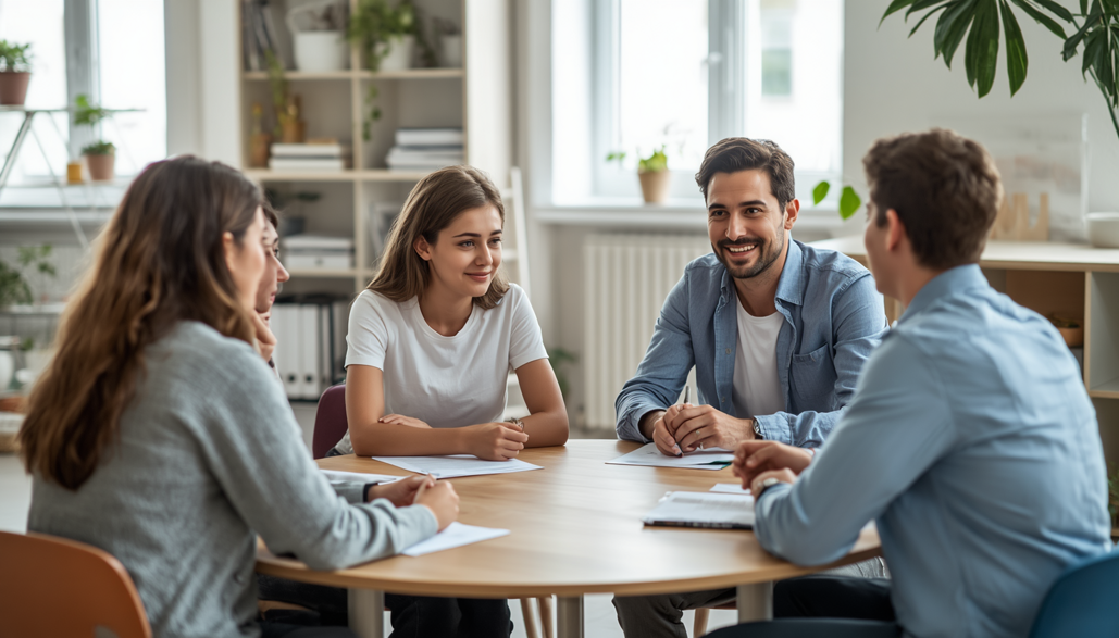 professional photograph in a bright therapeutic educational studio. four teenagers aged 15-17 years with mediterranean, sardinian features engaged in structured debate or discussion activity, (3)