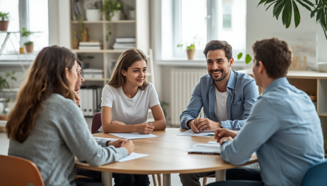 professional photograph in a bright therapeutic educational studio. four teenagers aged 15-17 years with mediterranean, sardinian features engaged in structured debate or discussion activity, (3)