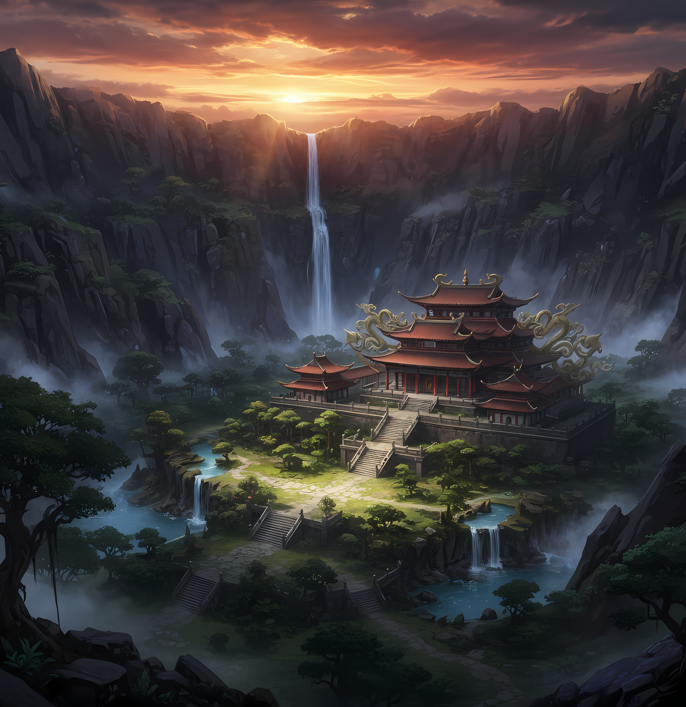 immagine del tempio della luce tra le montagne della Cina della saga fantasy Heralds