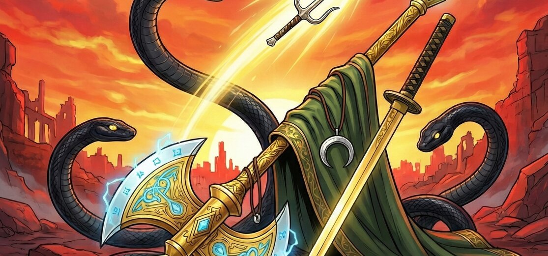 Disegno digitale stile anime delle armi dei protagonisti della saga fantasy Heralds