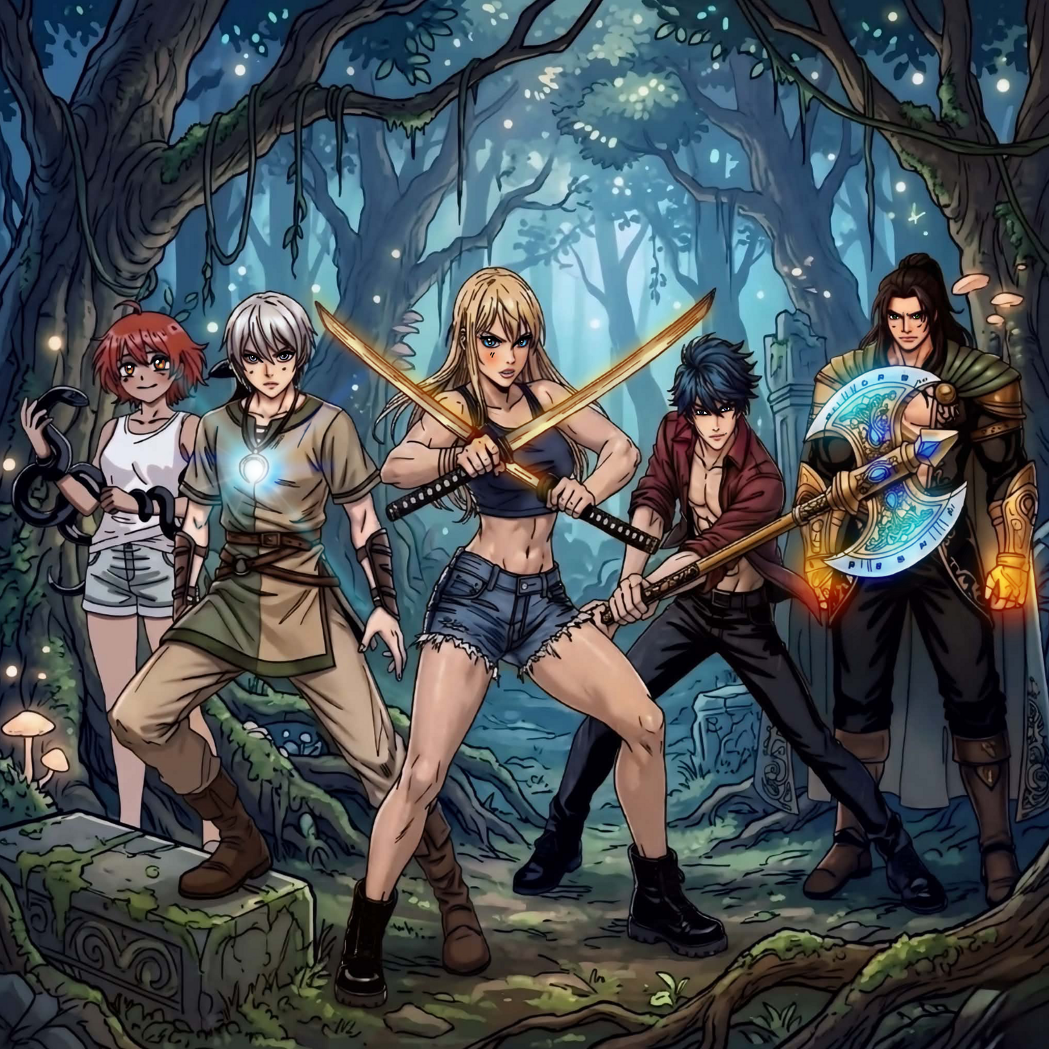Disegno digitale stile anime dei cinque protagonisti, gli Araldi della saga fantasy Heralds