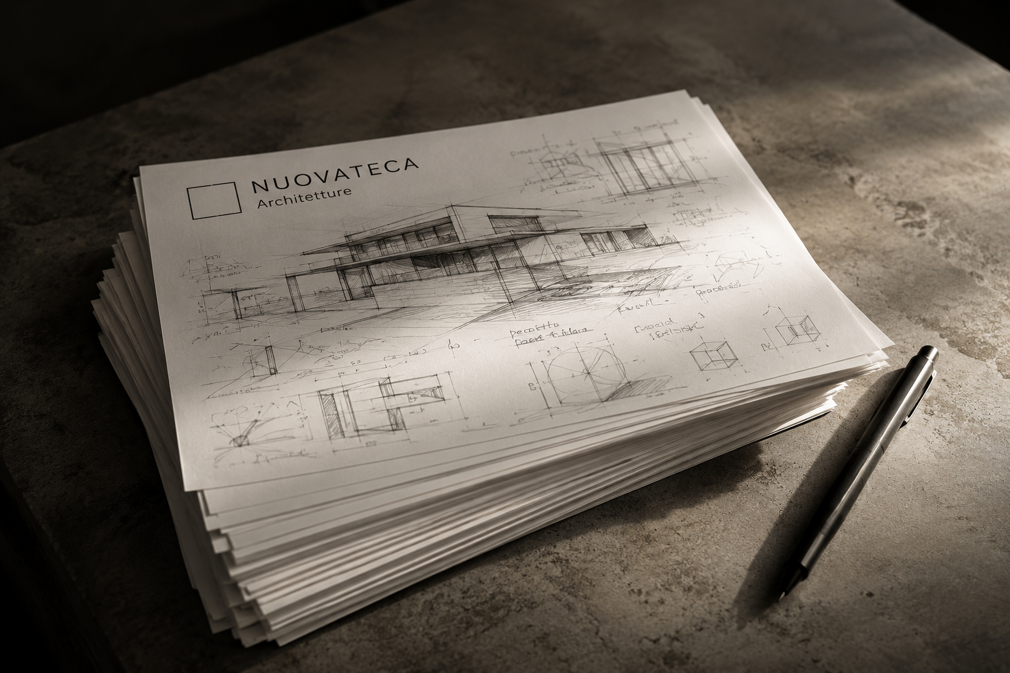 Schizzi preliminari di progettazione architettonica su tavolo di lavoro