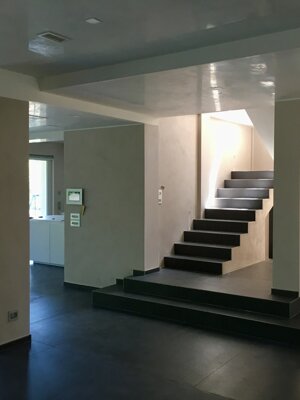 Ampio ingresso-soggiorno moderno con pareti tinteggiate in beige chiaro, soffitto lucido bianco Ampio ingresso-soggiorno moderno con pareti tinteggiate in beige chiaro, soffitto lucido bianco