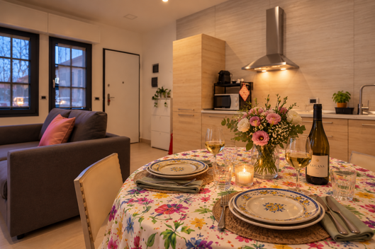 Living room and kitchen at Bovisa Hub 97 in Milan with warm candlelight Living room and kitchen at Bovisa Hub 97 in Milan with warm candlelight