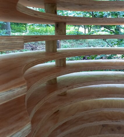 Emanuela Camacci inside the artwork Space-time capsule in Darmstadt forest trail. Germany