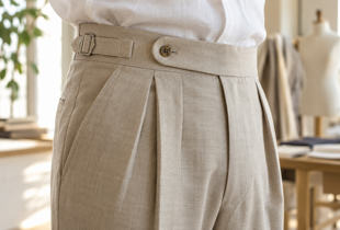 Dettaglio della cintura e delle pinces di un pantalone sartoriale