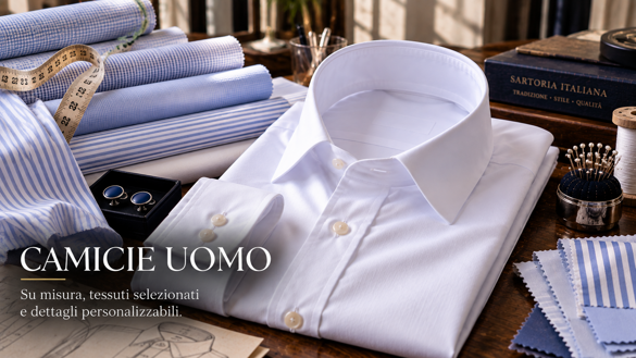 Camicia uomo bianca su misura con tessuti e accessori sartoriali Camicia uomo bianca su misura con tessuti e accessori sartoriali