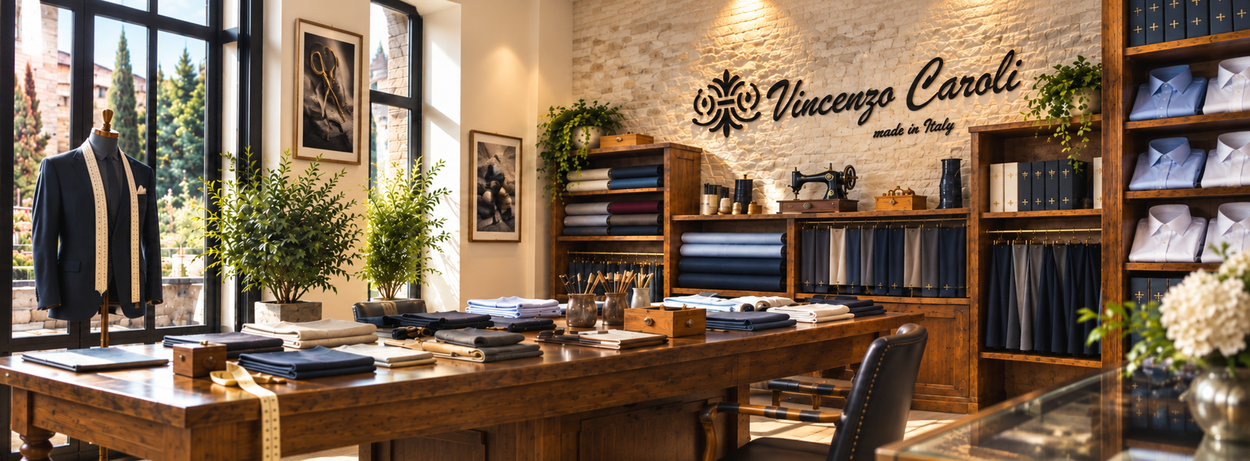 Atelier Vincenzo Caroli con tavolo da lavoro e tessuti sartoriali Atelier Vincenzo Caroli con tavolo da lavoro e tessuti sartoriali