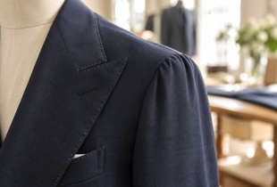 Dettaglio del rever a lancia di un abito Bespoke blu