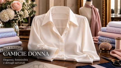Camicia donna bianca sartoriale con tessuti e accessori Camicia donna bianca sartoriale con tessuti e accessori