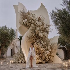 a monumental contemporary floral sculpture installed in the garden of a historic sicilian masseria. an enormous abstract ivory architectural structure approximately 5 meters high, with soft organic curves and asymmetrical geometry. the stru.jpeg