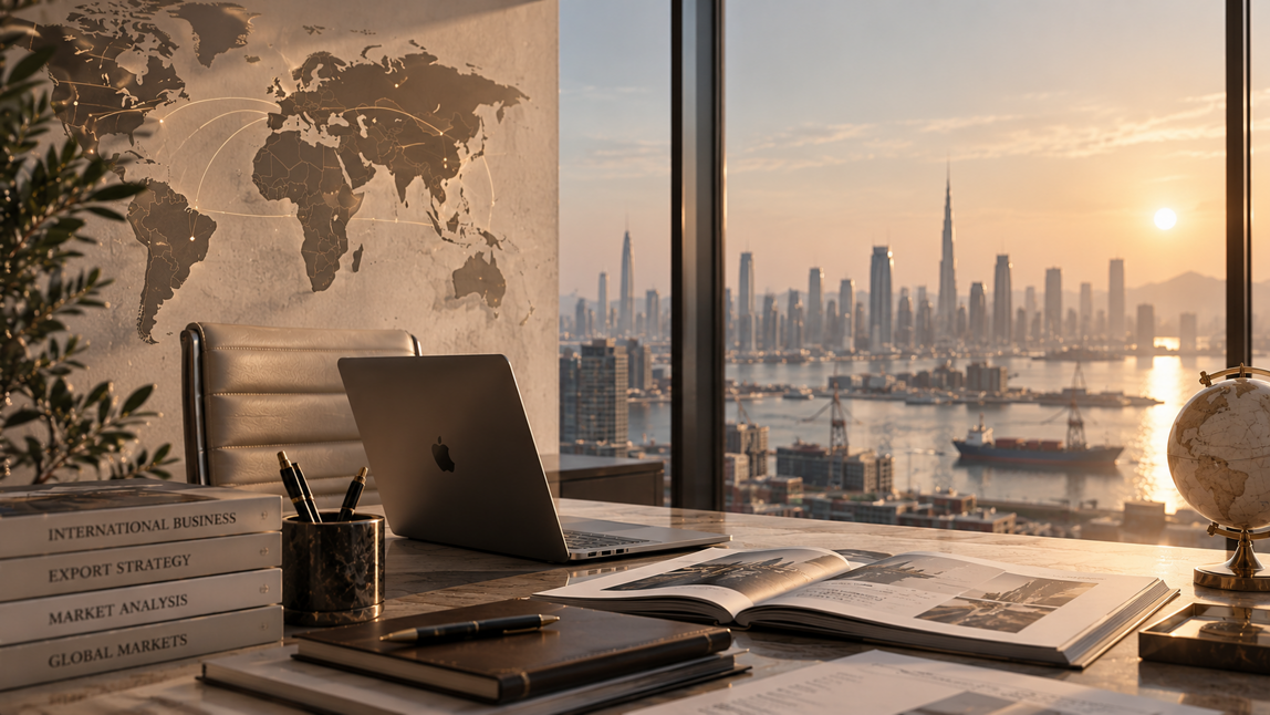 ufficio globale al tramonto con mappa mondiale