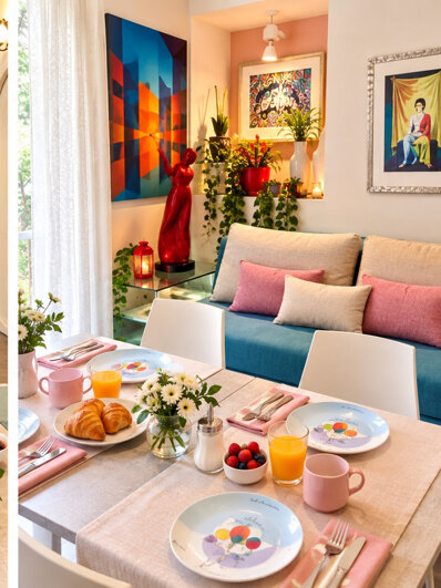 Tavola apparecchiata per la colazione con cornetti, succo di frutta e fiori nella sala colazioni del B&B La Magnolia.