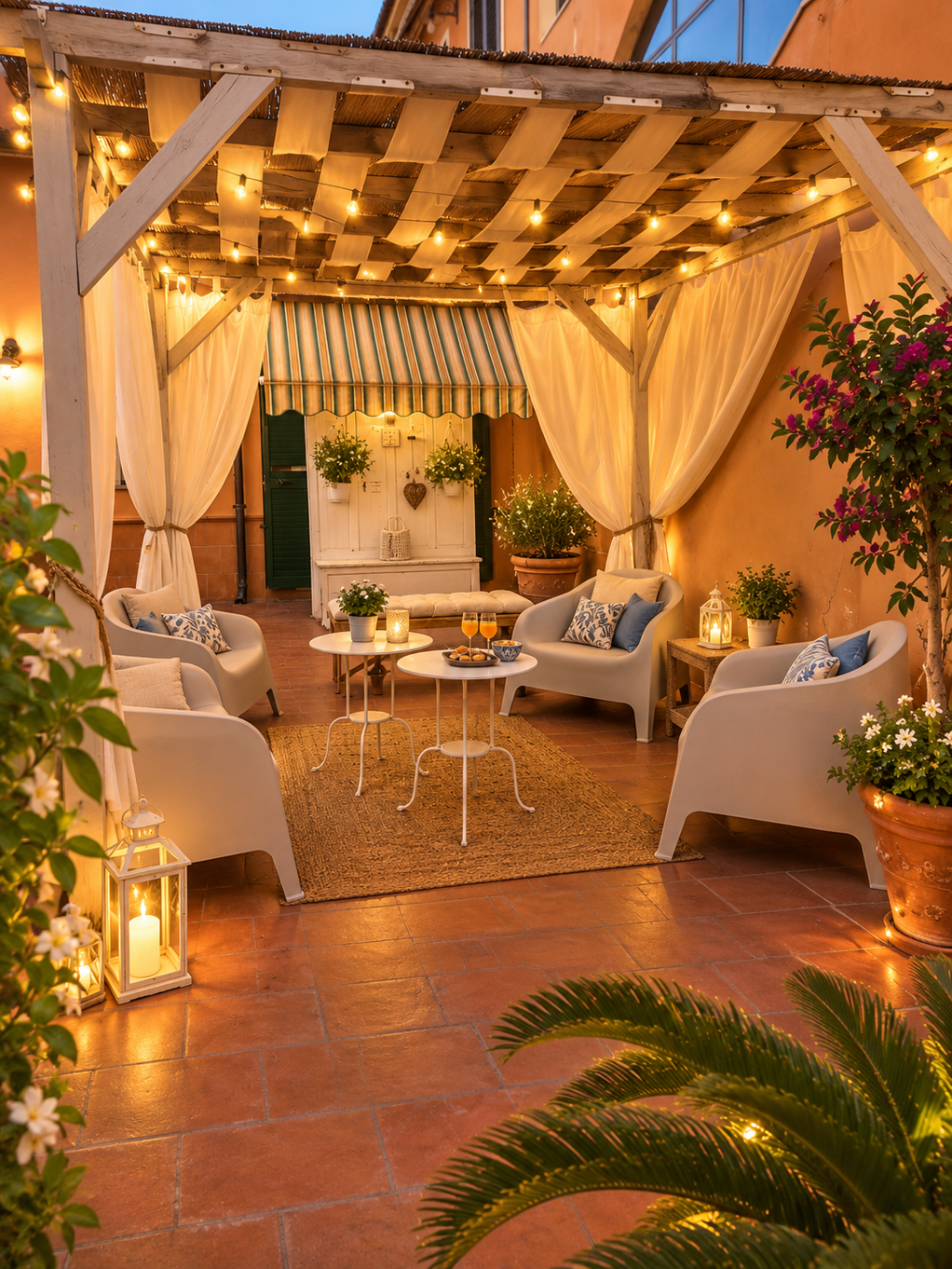 Area relax nel giardino del B&B La Magnolia a San Marco di Castellabate, con salottino all'aperto, comode sedute e piante ornamentali.