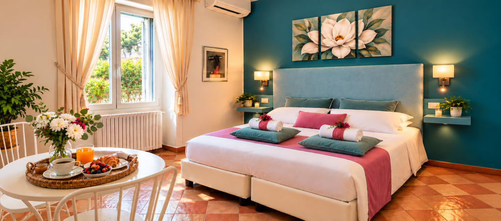 Camera matrimoniale del B&B La Magnolia a San Marco di Castellabate, con letto matrimoniale e arredi eleganti.