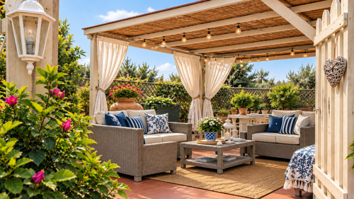 Area relax nel giardino del B&B La Magnolia a San Marco di Castellabate, con gazebo, divani e tavolino all'aperto.Area fumatori