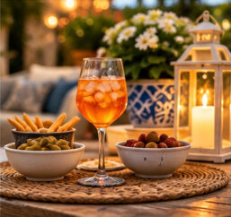 Momento di relax nel giardino del B&B La Magnolia, con aperitivo, stuzzichini e lanterna decorativa sul tavolino.