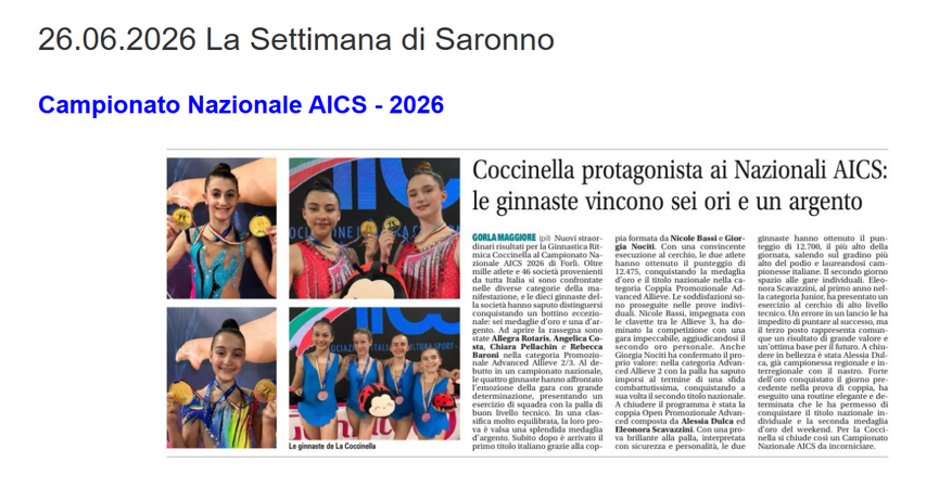 26 06 2026 la settimana naz aics 2026 26 06 2026 la settimana naz aics 2026